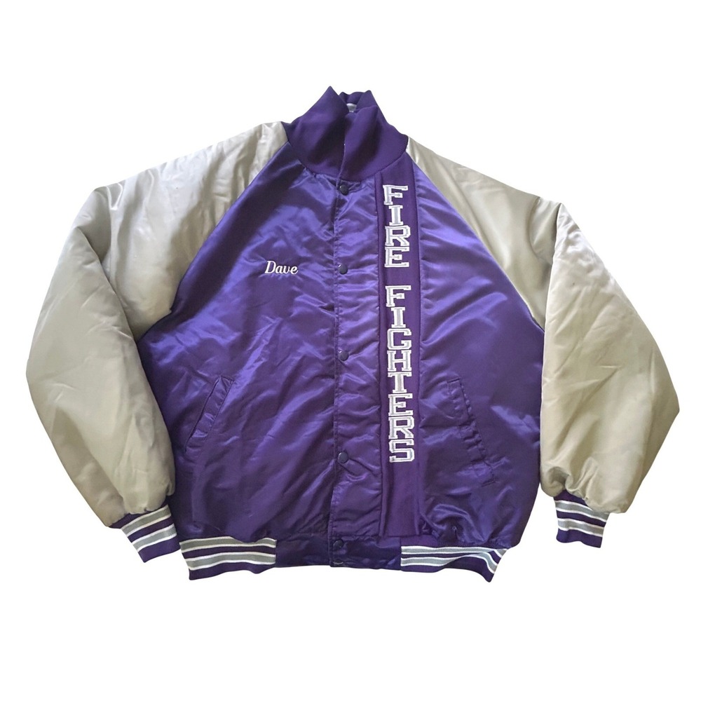 Vintage Onalaska Fire Department‎ Satin Bomber Jacket XL Purple Quilted Utility